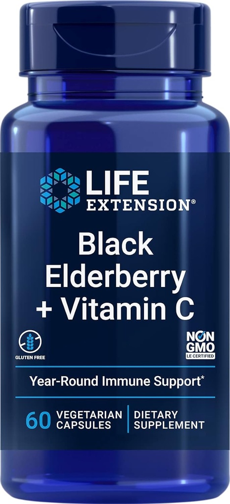 Ekstensi Hidup Elderberry + Vitamin C, Dukungan kekebalan setiap hari dari Elderberry & Vitamin C, Gluten Bebas, Bukan-GMO, Vegetarian, 60 Kapsul
