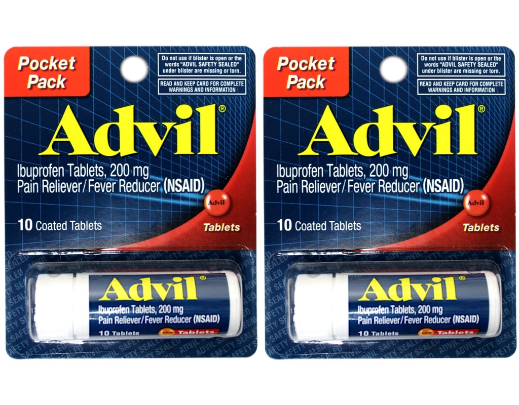 2 Pack Pocket Pack Advil Pain Reliever / Fever Reducer Ibuprofen 200mg - 10 Tablets PER Berlapisan (20 Tablets Total)