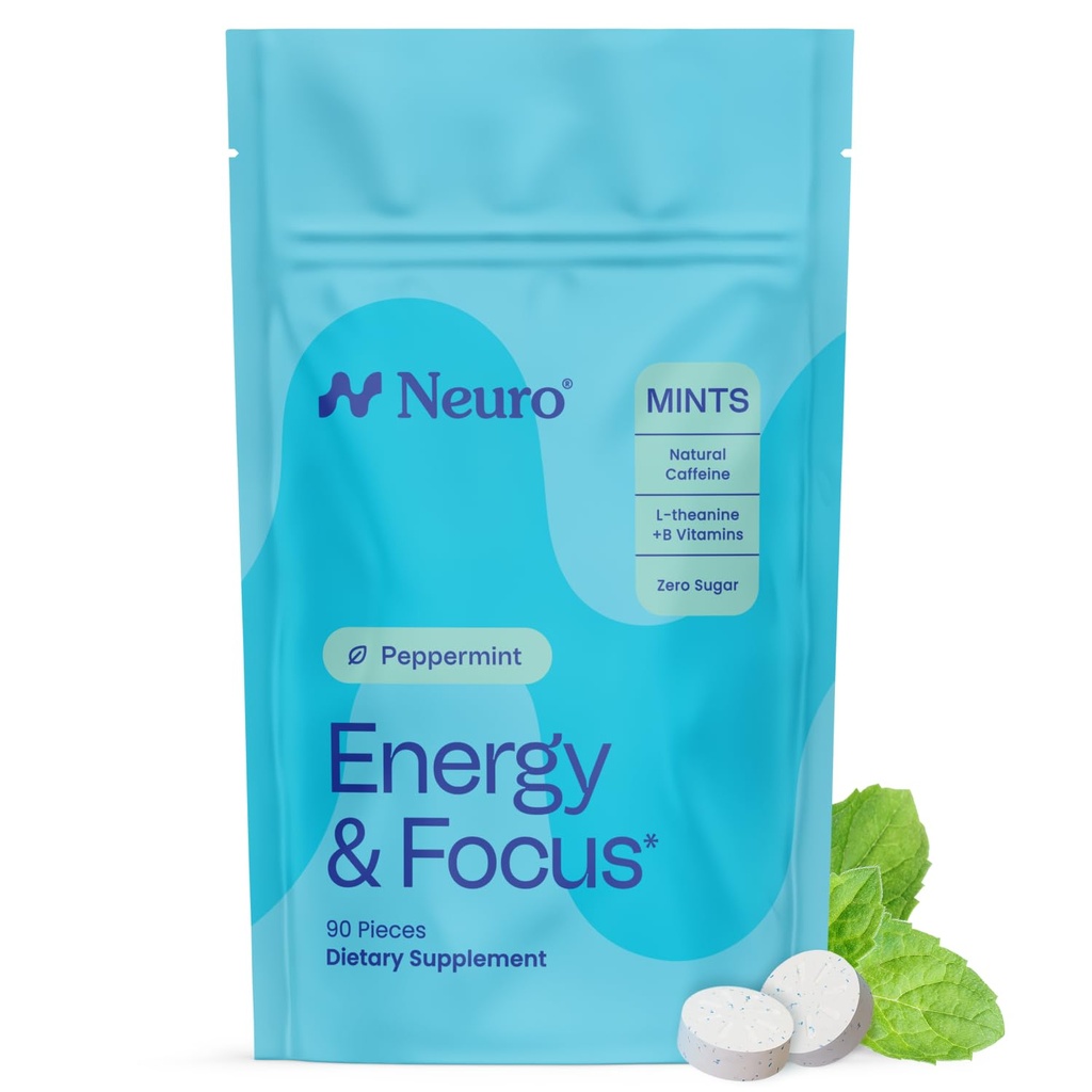 NeuroGum Energy & Focus Mints (90 Count Bag, Peppermint): 124; 40mg Natural Caffeine + L-Theanine + Vitamin B12 & B6 = 124; Sugar Free Nootropic Cognitive Brain Performance Suplemen