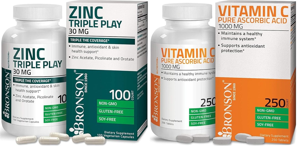 Bronson Vitamin C 1000 mg Premium Non- GMO Ascorbic Acid + Bronson Zinc Triple Play 30 mg Triple Coverage Imune Suppplemen Zinc
