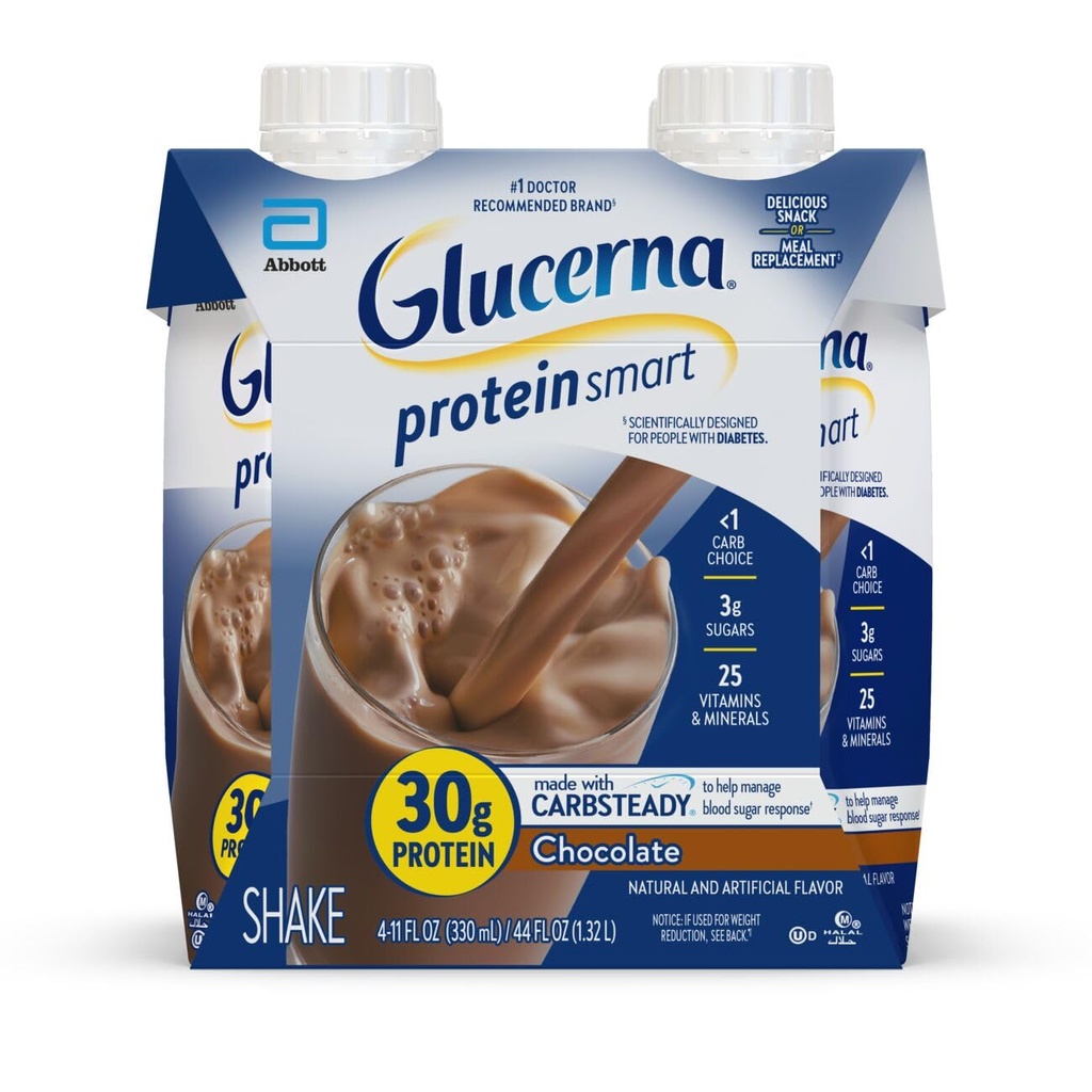Glucerna Protein Smart Diabetes Care Shake, Chocolate, Diabetic Meal Replacement to Dukung Blood Sugar Management, 30g Protein, 150 Calories, Siap untuk Minum, 11-0-0 Botol, 4 Pack