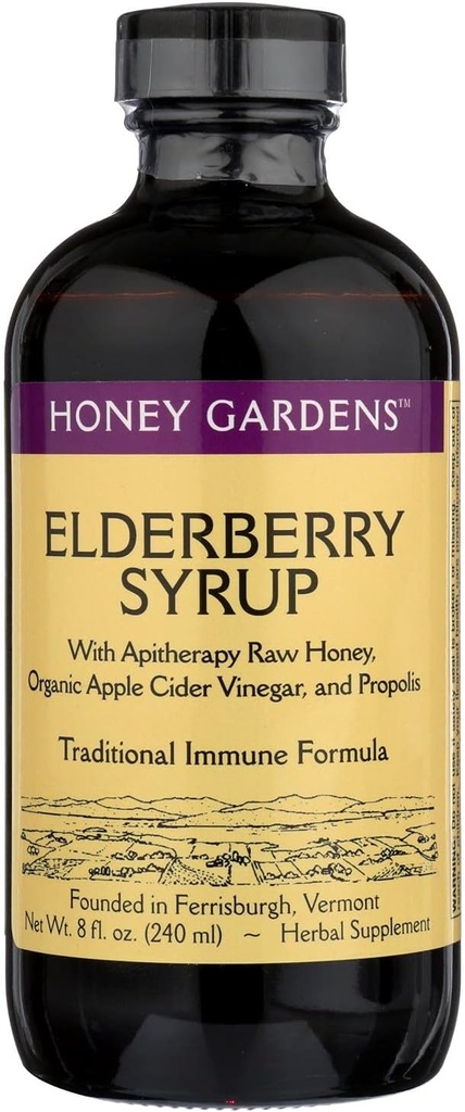 Formula Tradisional Elderberry & Madu Immune Syrup Honey Gardens 8 Oz Liquid