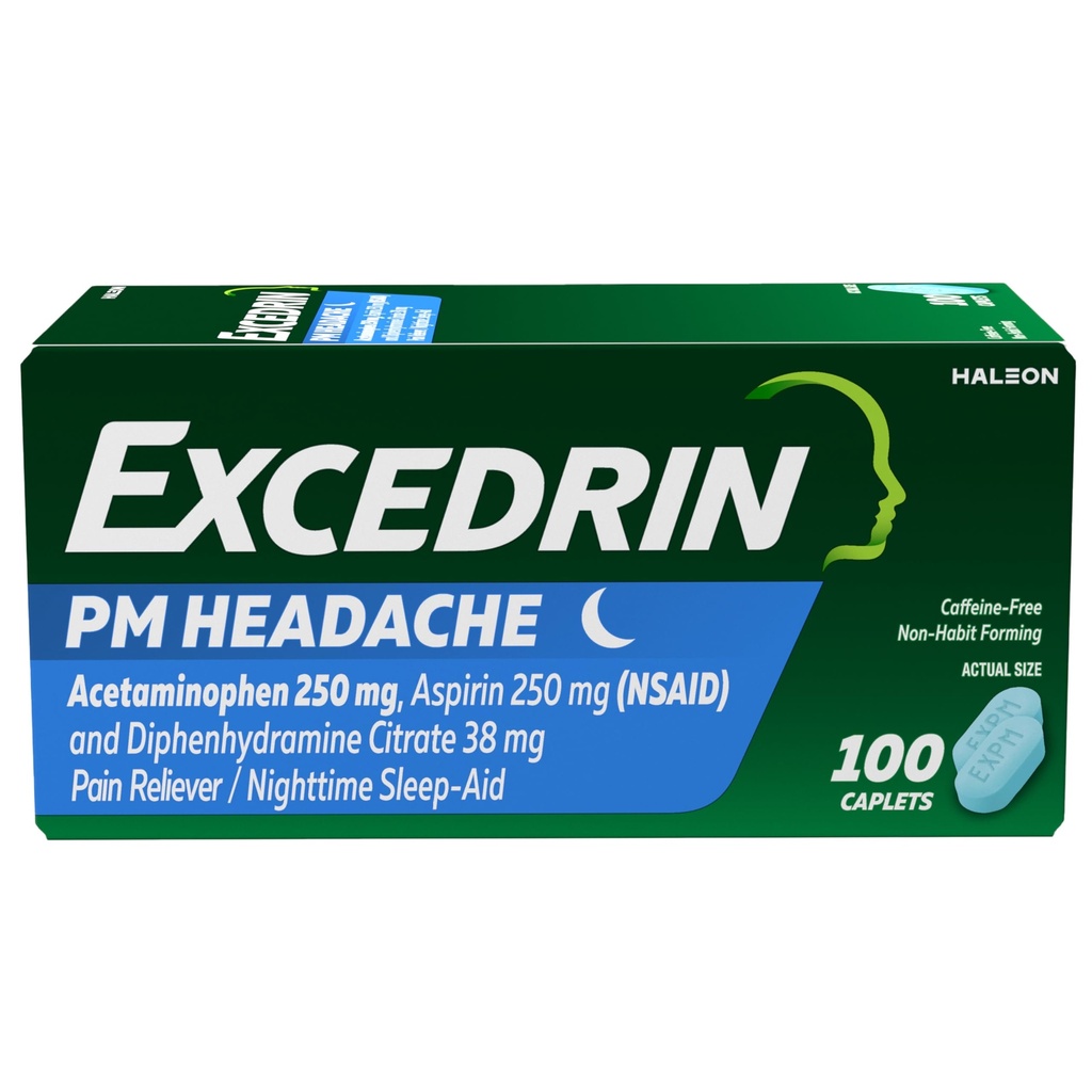 Excedrin PM for Headache Relief, Acetaminhen 250mg, Aspirin 250mg, Diphenhydramine Citrate 38mg, Pain Reliever, Nighttime Sleep-Aid, 100 Count