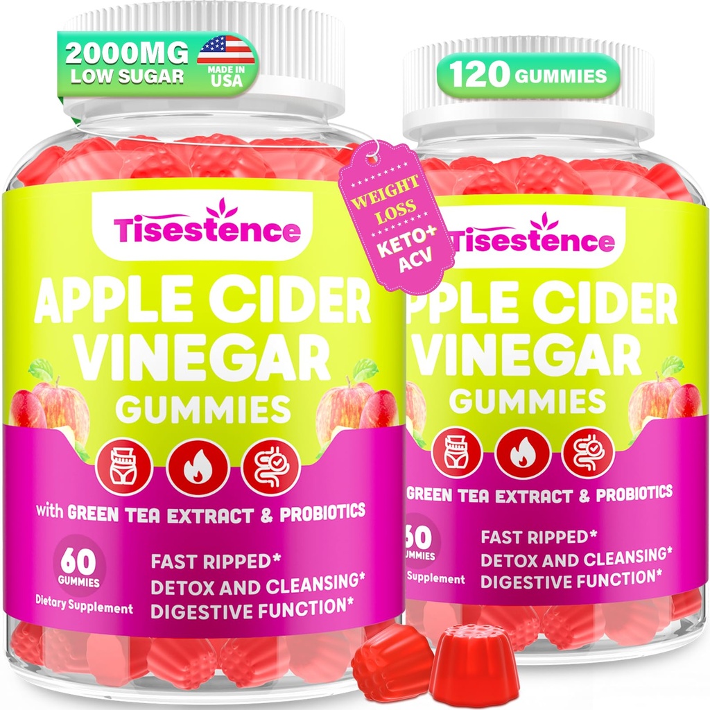Apple Cider Vinegar Gummies, Keto ACV Gummies for Women and Men, Apple Cider Vinegar Suplement with Green Tea, B12, Probiotic for Detox Cleanse, Metabolisme & Digetical Health, Vegan - 2 Bulan Suppply