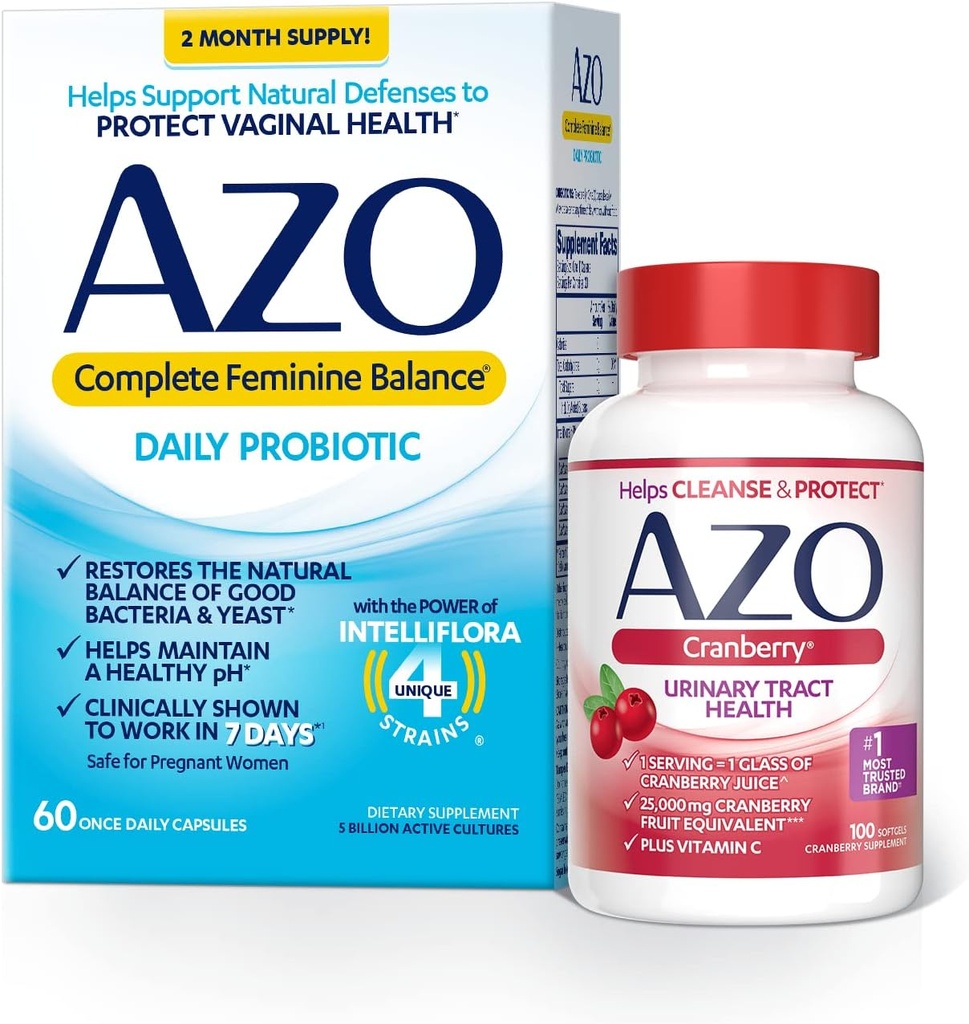 AZO Complete Feminine Balance Programs Harian (60 Count) + Cranberry Softgels for Urinary Trakte Health (100 Count)