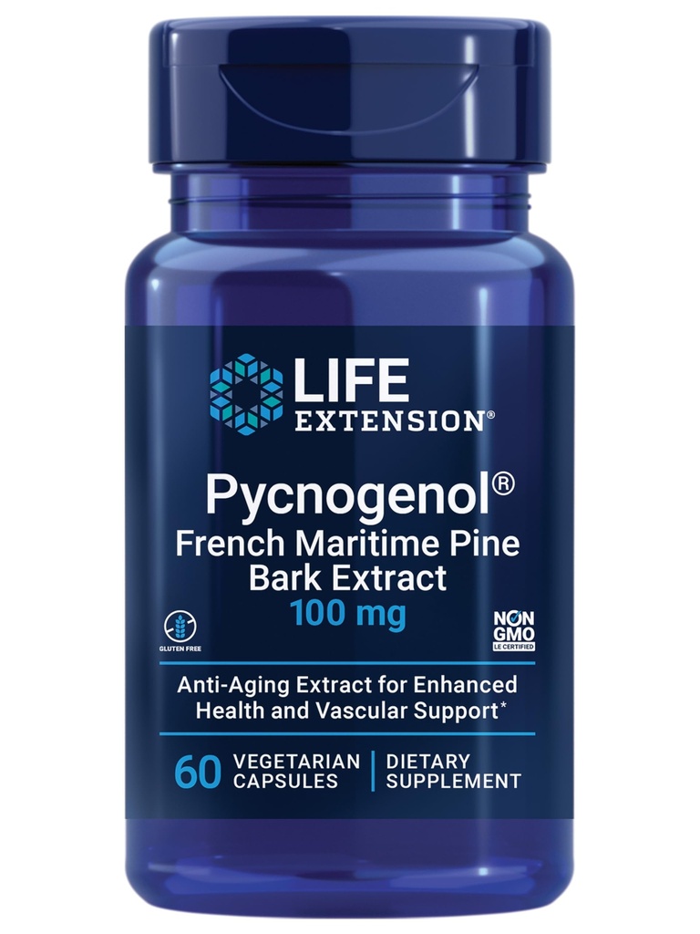 Ekstensi Hidup Pycnogenol - French Maritim Pine Bark Extract - Secara ilmiah Dipelajari Penuaan Kesehatan & Vascular - Non-GMO, Gluten- Free, Vegetarian - 60 Capsules