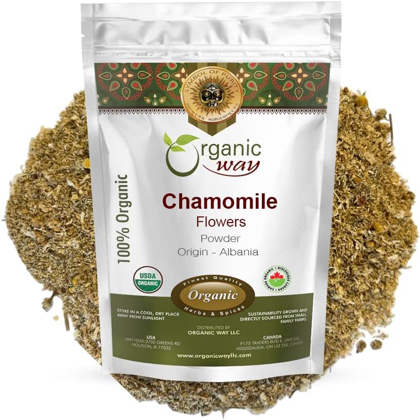 Powder Organic Way Chamomile Flowers (Matricaria chamomilla) Herbal Tea - European Wildward 124; Organic & Kosher Disertifikasi 124; Non GMO 124; USDA Cerated Origin - Albania (1 / 4 LB - 4 Oz)
