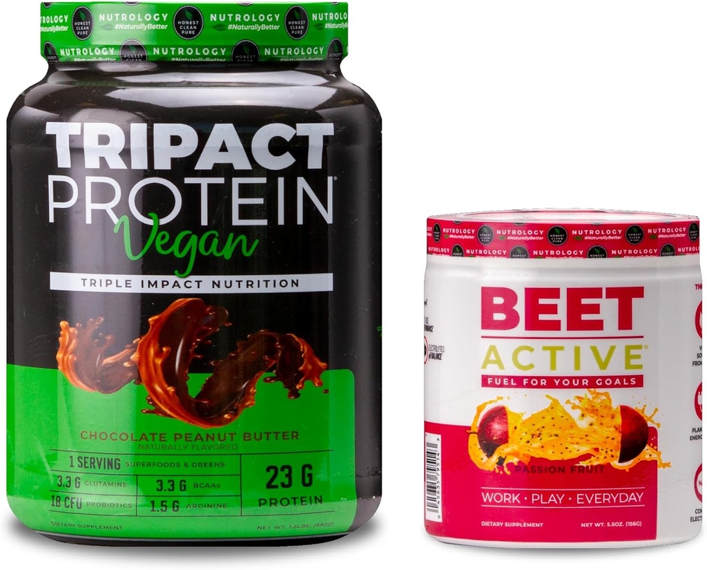 Nutrologi TRIPT Vegan Protein Powder, untuk Vegan Protein Shakes, Chocolate Peanut Butter (20 Pelayan) & Beet Aktif, Passion Fruit Flavor (30 Pelayan)