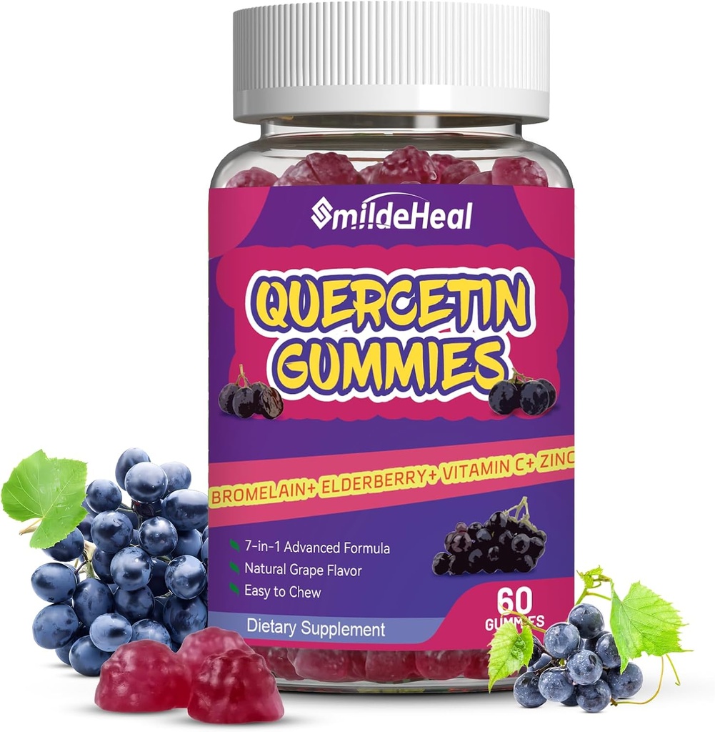 Quercetin Gummies 1200 MG, Quercetin Gummies dengan Bromelain, Zinc Vitamin C, Quercetin Tambahan Gummies untuk Dewasa & Kid, 60 Vegan Gummies
