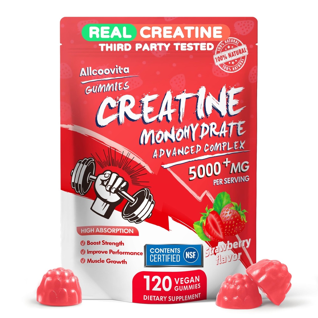 Cretine Monohydrate Gummies Complex for Men & Women, 5 Gram per Serving Electrolite Creatine Gummy untuk Kekuatan Otot, Pembangun Otot, Boost Energi, Perbaikan Pre- Kerja Keluar-120 Strawberry Gummies