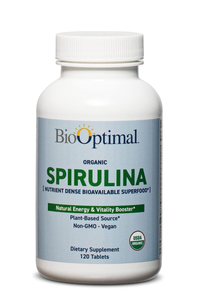 BioOptimal Organic Spirulina Tablet - Organik, Non- GMO, No Addonist or Fillers - 500mg Premium Quality Dieter Tambahan dengan Vitamin, Mineral, & Antioksidants (120 Tablet)