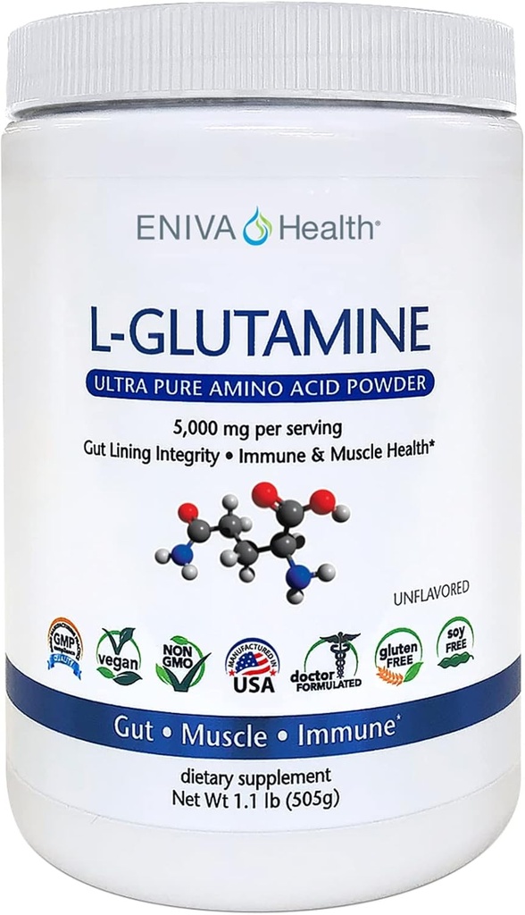 Eniva Health L-Glutamine Pure Powder, Unfeatored (101 Servings), Vegan, Gluten- Free, Sugar- Free, Non-GMO 124- Formulated, USA Made 124; Gut Health, Leaky Gat, Bloating, Muscle Health, Imune System