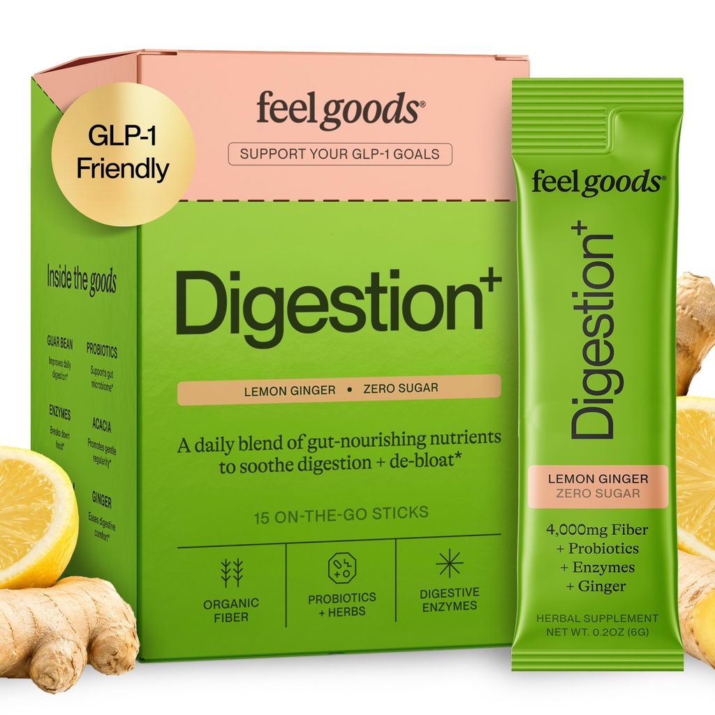 Feel Goods Gut Guardian, Organic Fiber, Probiotic & Prebiotic Powder, Sugar Free, Herbs for Bloat, Gut Health Support, Digetical Health for Men & Women, Non GMO, Vegan, Lemon Ginger, 15 Count