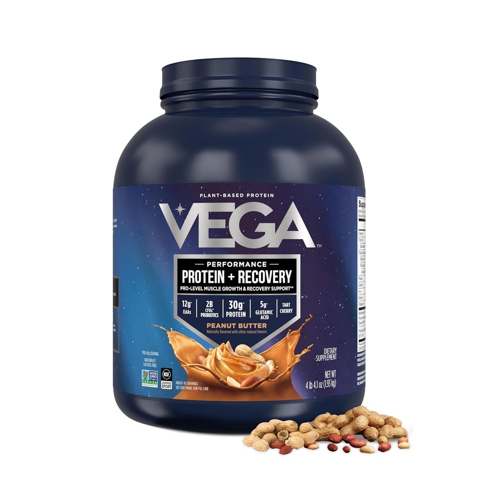 Vega Sport Vegan Powder + Recovery - 30g Plant Based Protein per Serving, Peanut Butter, 45 Servings, 5g BCAAs, Progories, NSF Certifikasi, untuk Shakes & Smoothies, 4.2lbs (Packaging May Vary)