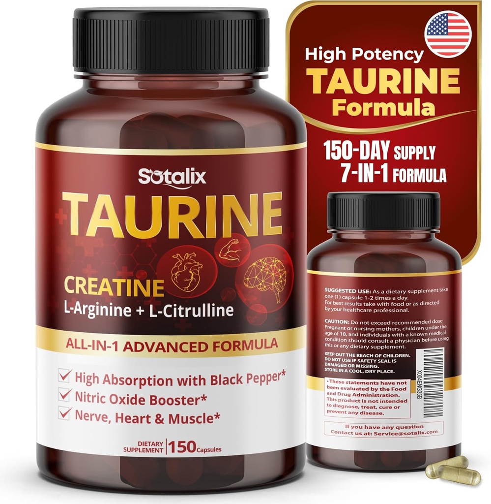 Taurine dengan Creatine, L-Arginine, L- Citrulline High Absorpsi dengan Black Pepper Nitric Oxide Booster, Muscle USA Made & Tested (150 Count (Pack of 1))