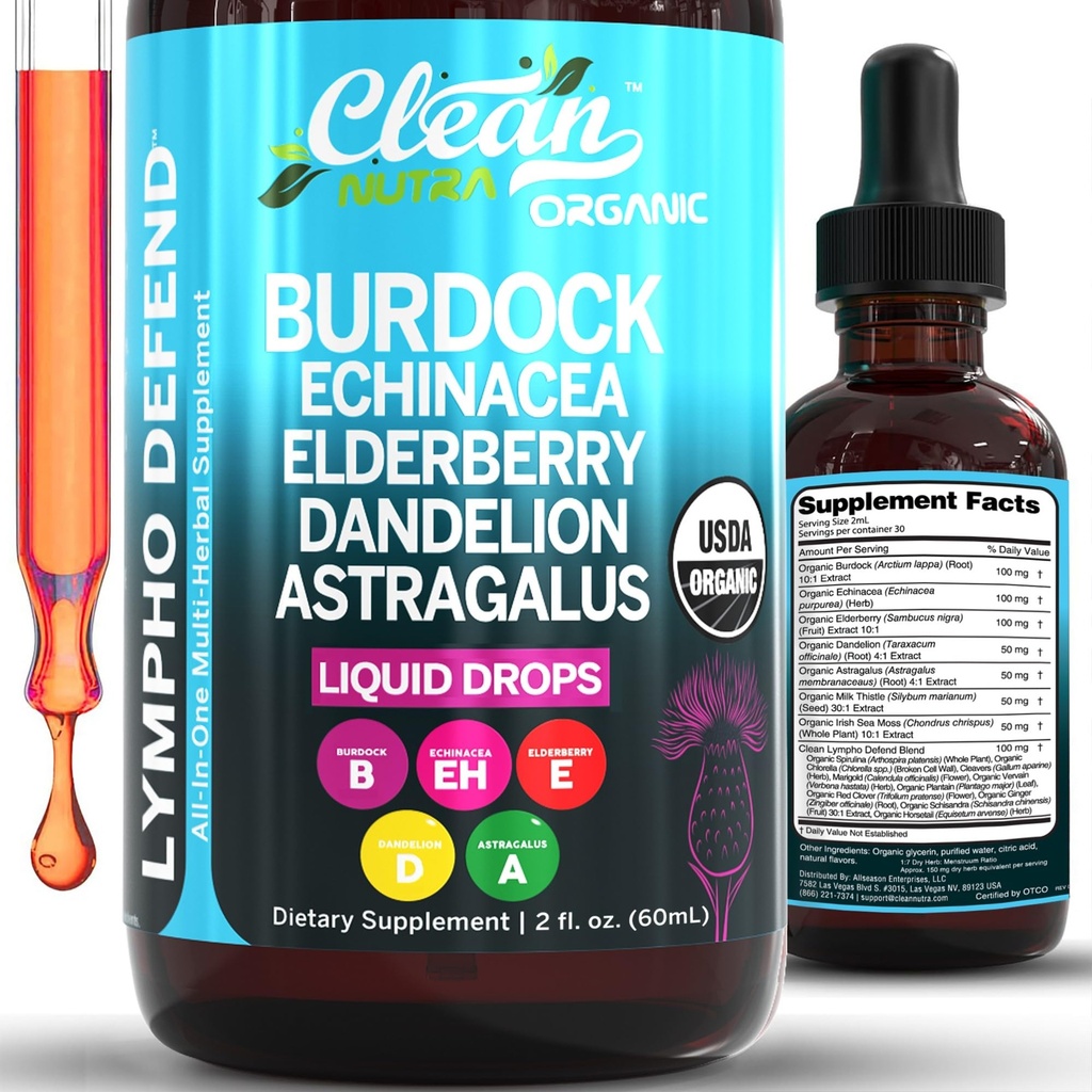 Dukungan Lymphatic Drainage Organik 126; Lymphatic Mendukung Drops 126; Burdock Root Echinacea Elderberry Dandelion Astragalus Milk Thistle Sea Moss Red Clover Cleanse Marigold Jatuhkan oleh Clean Nutra