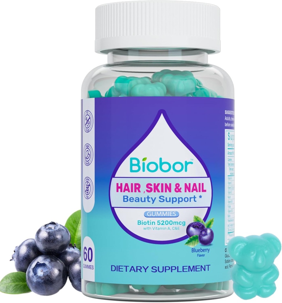 Skin dan Nails Vitamin Gummies, 5200 mcg Biotin Vegan Suplement for Women with Vitamin A C D E, Blueberry Flavored, 60 Count (Random Packing)