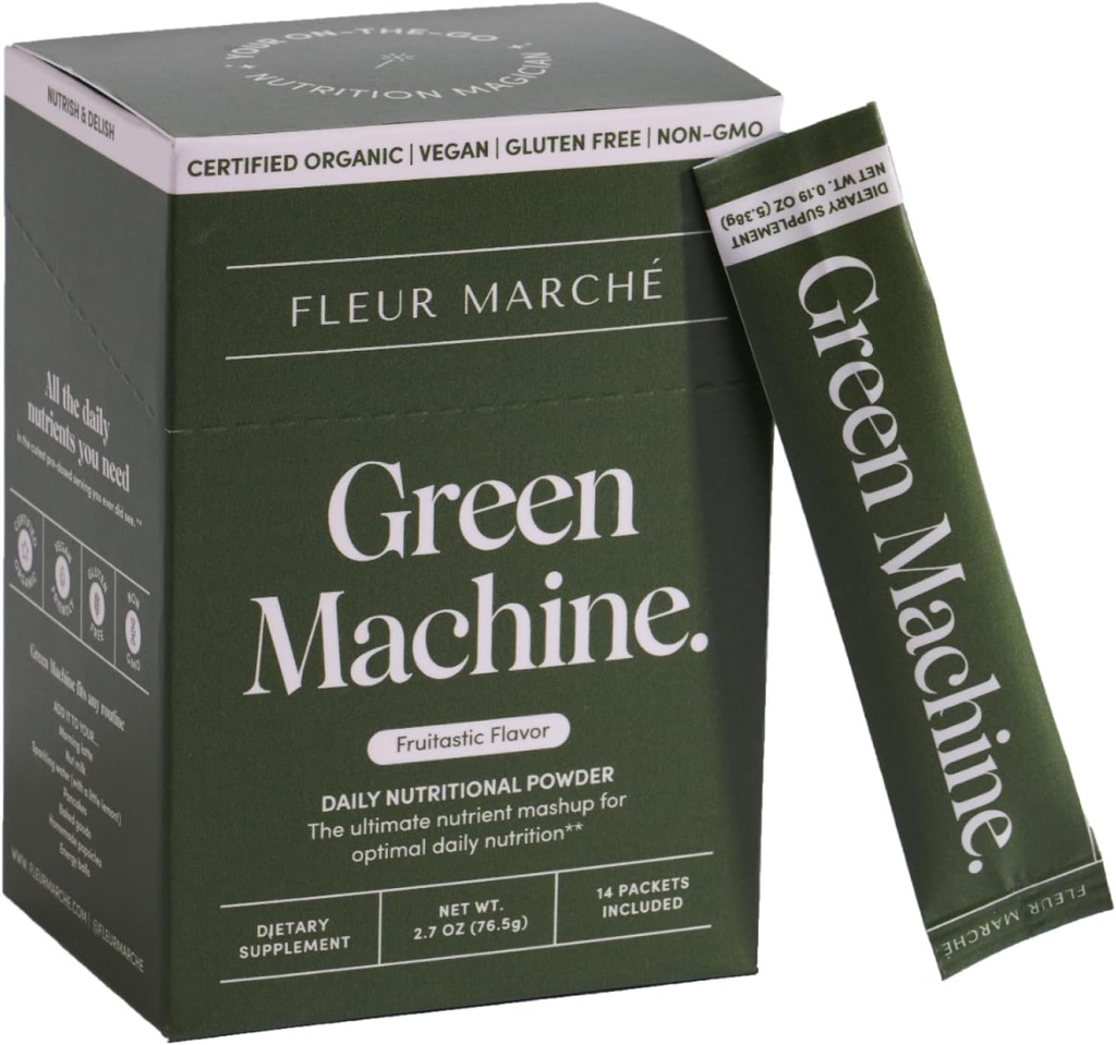 Fleur Marche Green Machine Super Greens Powder Pawder - Organic Greens, Fruit & Progrees - Superfood for Dibuble, Energy, Microbiome Dukung & Detox - On- The- Go Green Juice - 14 Paket