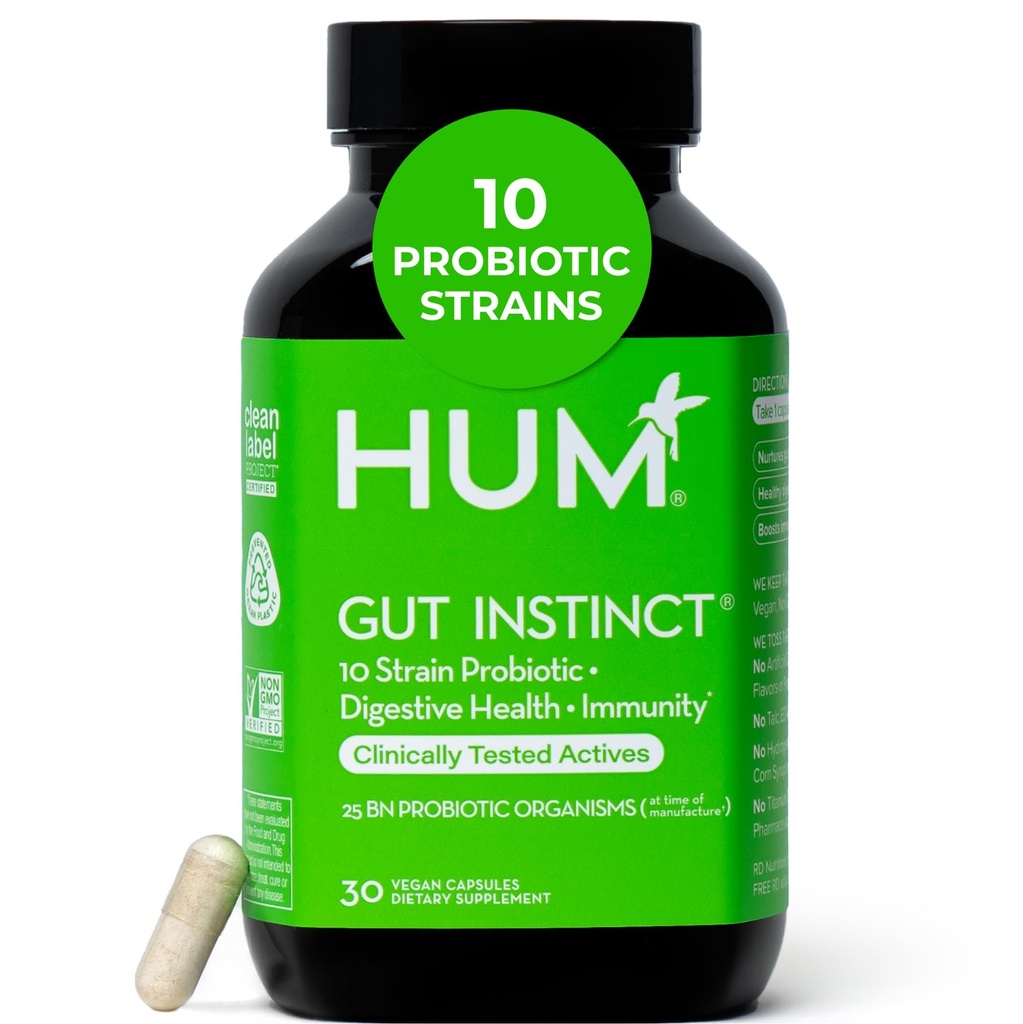 HUM Gut Instinct Programs for Women and Men, Digetical Healthy Heat Gut Divernaillus, Bifidobacterium Strains for Imune Dupport, Probiotic Supplemen Kesehatan Diverage, 30 Kapsul
