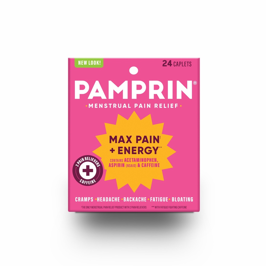 Pamprin Maximum Kekuatan Max Pain dan Energi Formula, Menstrual Periode Gejala Bantuan untuk Cramps, Bloating dan Fatigue, 24 Caplets