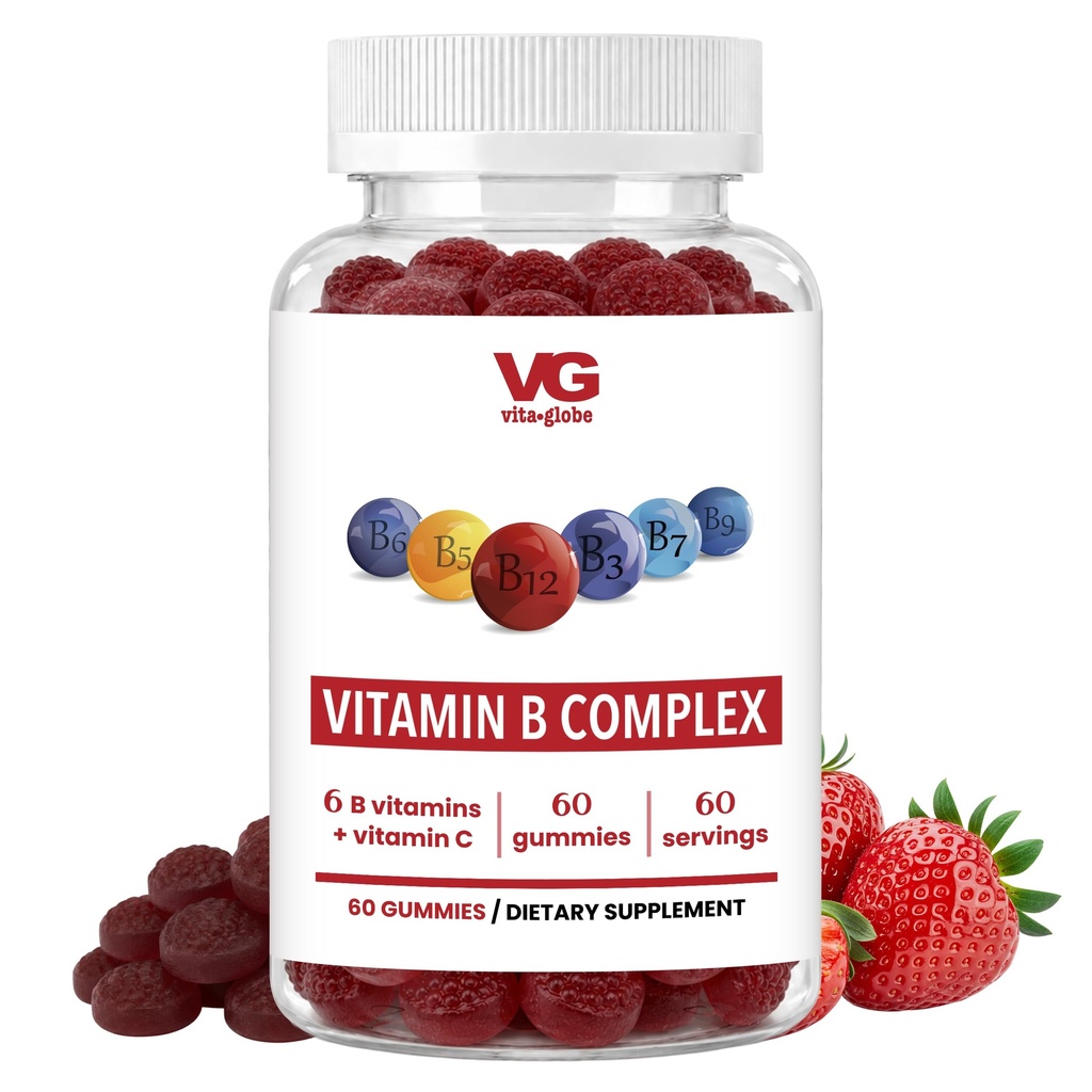 VITA GLOBE B Complex Gummy Vitamin - Strawberry Flavor dengan Vitamin C, Niacin, B6, B12 & Biotin; Suplemen Harian untuk Energi, Metabolisme & Kognitive Dukungan 124; 60 Mimes (Paket 1)