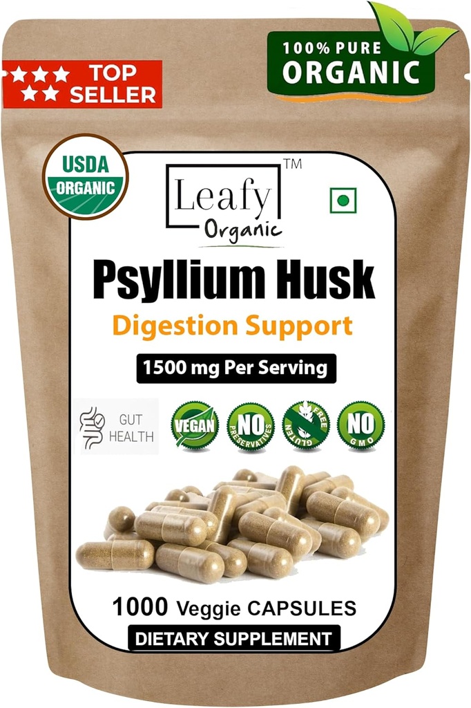 Psyllium Husk 1500mg Per Serving, 1000 Kapsul - Kekuatan Ganda - Premium Psyllium Fiber Suplemen - Great for Ditrable and Regularitas - 100% Natural Soluble Fiber