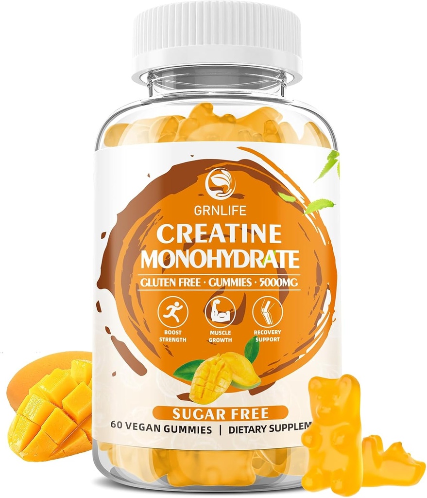 Creatine Monohydrate Gummies for Men & Women, Chewables Creatine Creatine Monohydrate for Muscle Strength, Muscle Builder, Energy Boost, Sugar Free, Vegan, Mango Flavor-60 Count