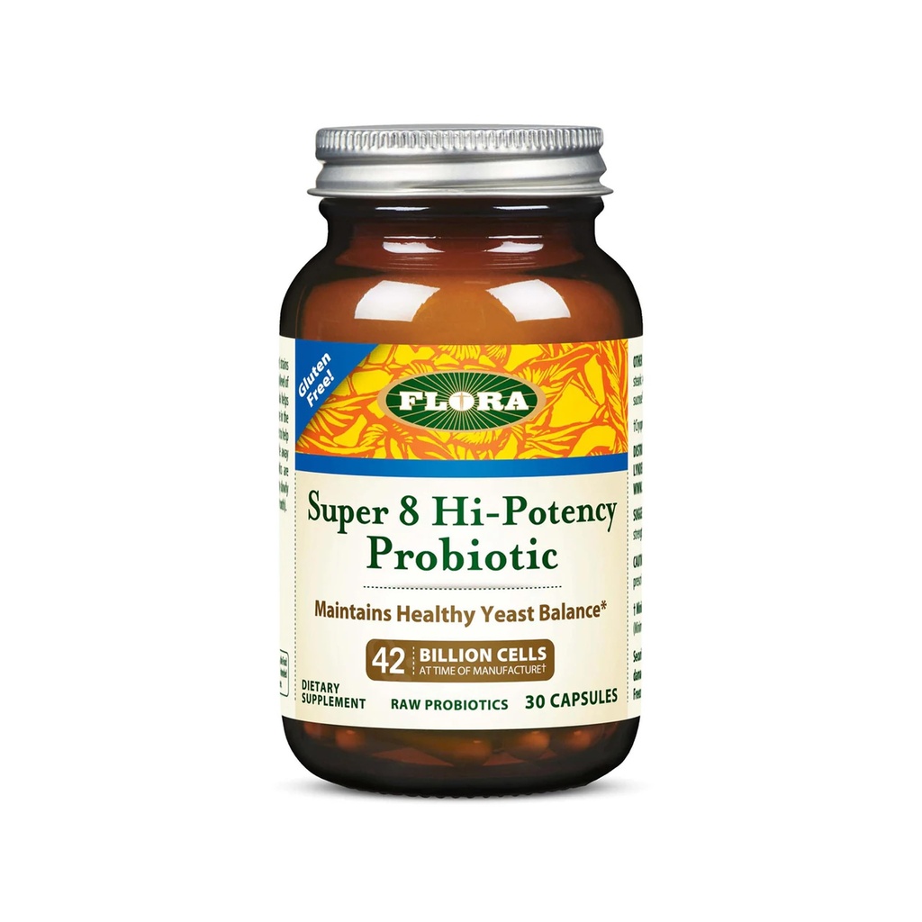 Flora Super 8 Hi Potency Progities 30 Count - Yeast Yeast Saldo & Digetical Health - for Men & Women - 42 Milyar CFU, Raw, Gluten Free - Up to 1 Month Supply