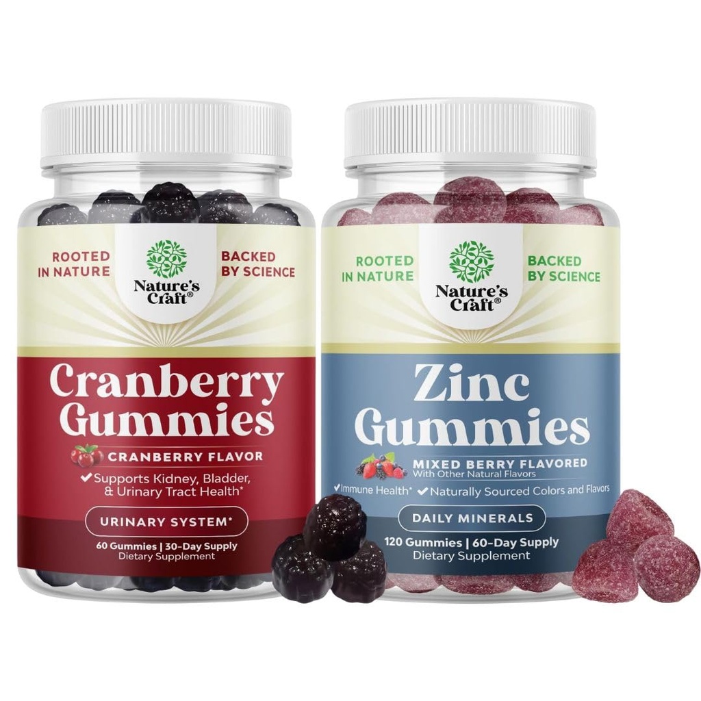 Bundle of Natural Cranberry Gummies for Women and Extra Strength Zinc for Adults - Extra Strength Antioxidant Cranberry Chews - Zinc Citrate 50mg kekebalan