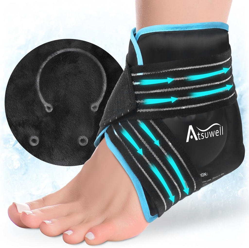 Atsuwell Ankle Ice Pack Chack, Menggunakan kembali Es Gel Pack untuk Foot Ankle Heel, Foot Ice Wrap with Soft Push Lining, Cold Compress Therapy for Sootthing Discomfort, Black