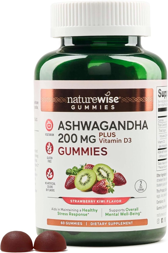 NatureWise Ashwagandha Gummies - Strawberry Kiwi - KSM-66 with Vitamin D3 - Calming Mood support - Vegetarian - Nun-GMO, Gelatin dan Gluten Free - 60 Count [1-Month Suppply]