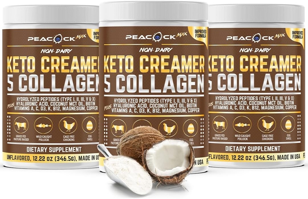 Collagen Keto Coffee Creamer Powder 12.22 oz, Paket 3, Collagen Peptides dengan Coconut MCT Minyak, Magnesium, Powder Protein Tanpa Rasa, Sugar Free Coffee Creamer untuk Smoothies