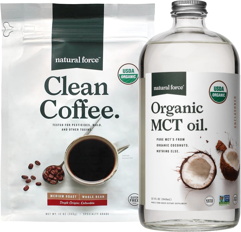 Natural Force Clean Coffee + Organic MCT Oil Bundle - 100% Pure Coconut MCTS & Mold & Mycotaxin Free Coffee - Non-GMO, Keto, Paleo, dan Vegan - 12 Oz Bags dan 32 Oz Glass Bottle