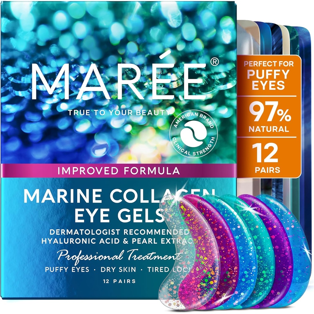 Gels Eye MAREE - Pads Under Eye Patches for Puffy Eyes and Dark Circles with Collagen & Hyaluronic Acid - AntiWrinkles Under Eye Masks Skincare Treatment for Puffiness & Bags - Parches Para Ojeras