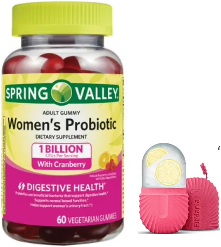 Fitmania Spring Valley Women 's Cranberry Probiotic Supplement Spring Valley Vegetarian Gummies, Raspberry Lemon, 60 Count dan sebuah Gift Ice Roller for Face