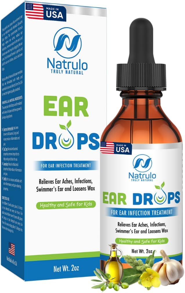 Natrulo Natural Ear Drops for Ear Infeksi - Homeopathic, Herbal Eardrops for Dewasa, Children & Pets - for Ear Aches, Swimmer Ear, Loosen Wax - Kids Safe Ear Oil, Made in USA (2 Oz)