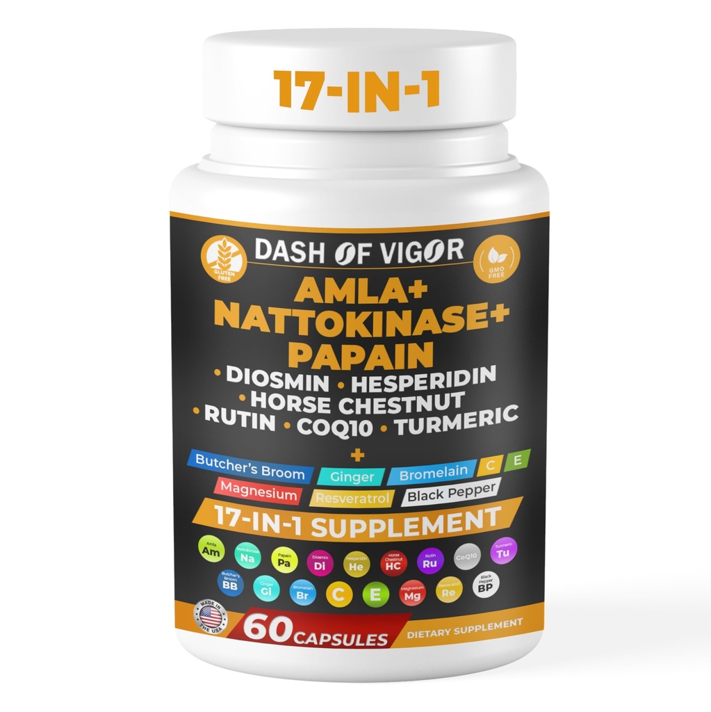 Dash of Vigor Amla Extract, Nattokinase, Papain, Diosmin, Hesperin, Butchers Broom, Horse Chestnut, CoQ10, Turmeric, Vitamin C dan Rutin - 60 Capsules