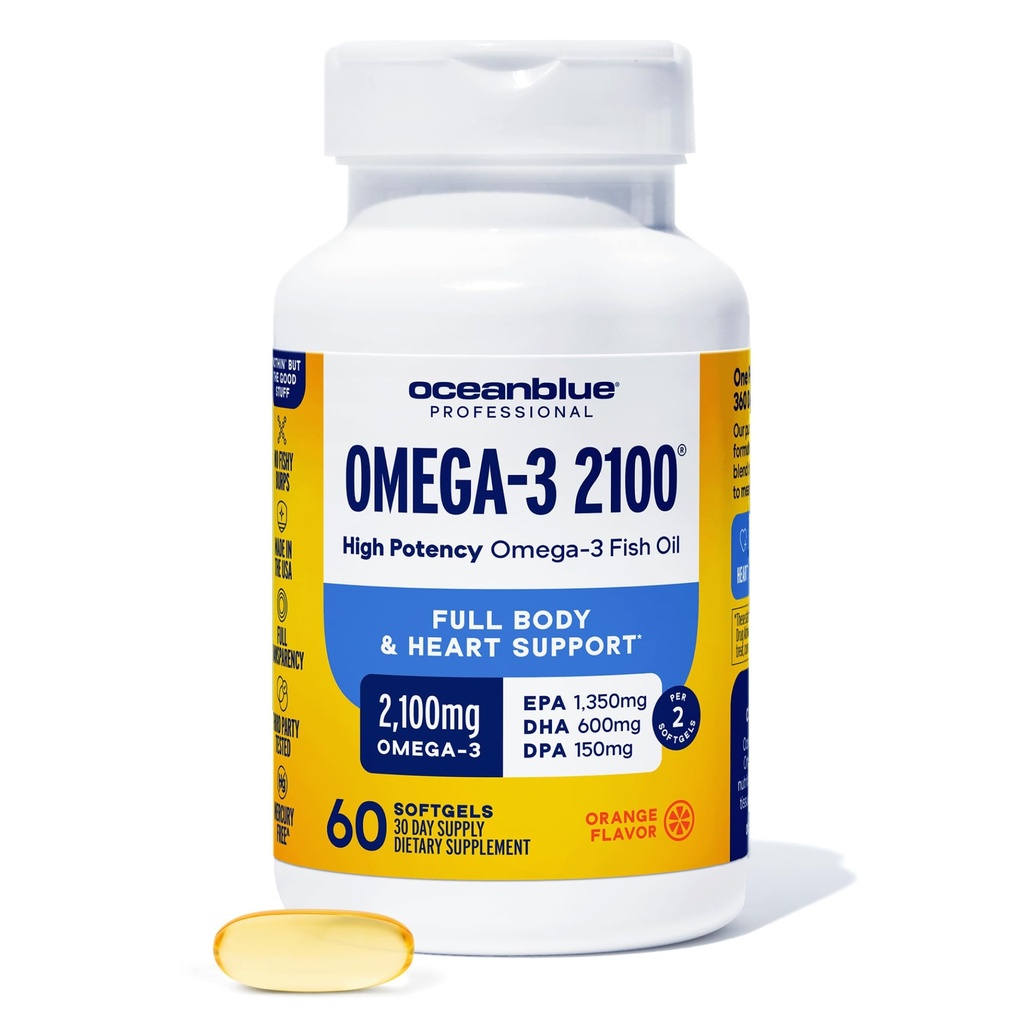 Omega- Profesional Oceanbiru 3 2100- 60 Count - Tinggi-Potency Tiga Kekuatan Burpless Fish Oil Suplemen dengan EPA, DHA & DPA - Orange Flavor, 30 Servis