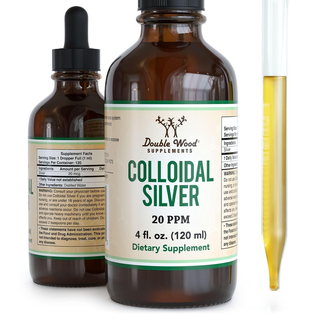 Colloidal Silver Liquid 20 PPM - 4 Fl OZ (Plata Colloidal with Dropper) 99.9% Pure, Gluten Free, Non-GMO oleh Double Wood Suplemen