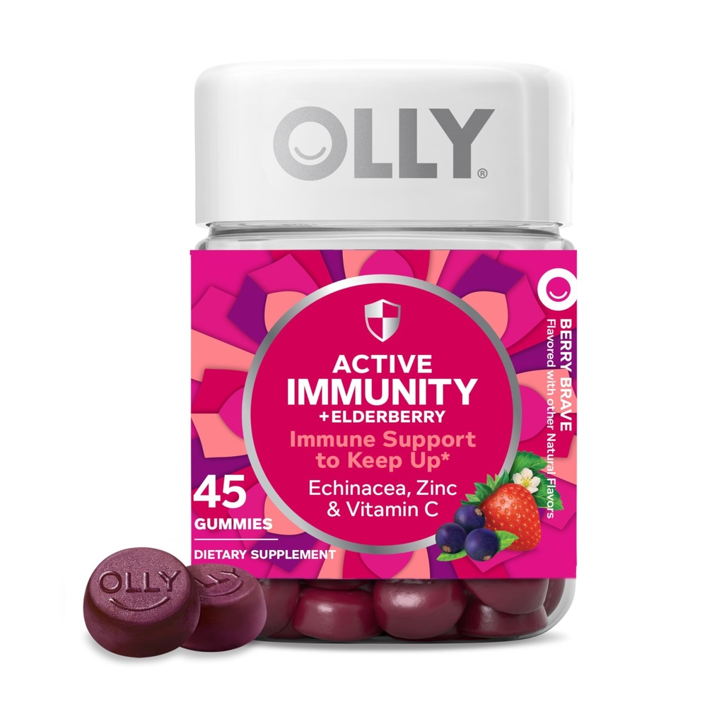 OLLY Imunity Gummy, Imunitas Dukungan, Elderberry, Zinc, Vitamin C, Suplemen, Berry Flavor, 15 Hari Supply - 45 Count
