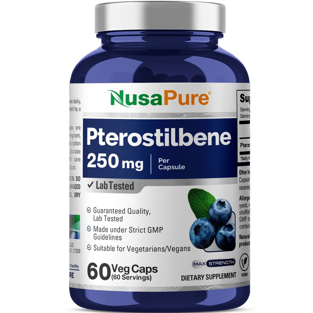 NusaPure Pterostilbene 250mg per Veggie Caps, 60 Count (Non- GMO, Vegan)