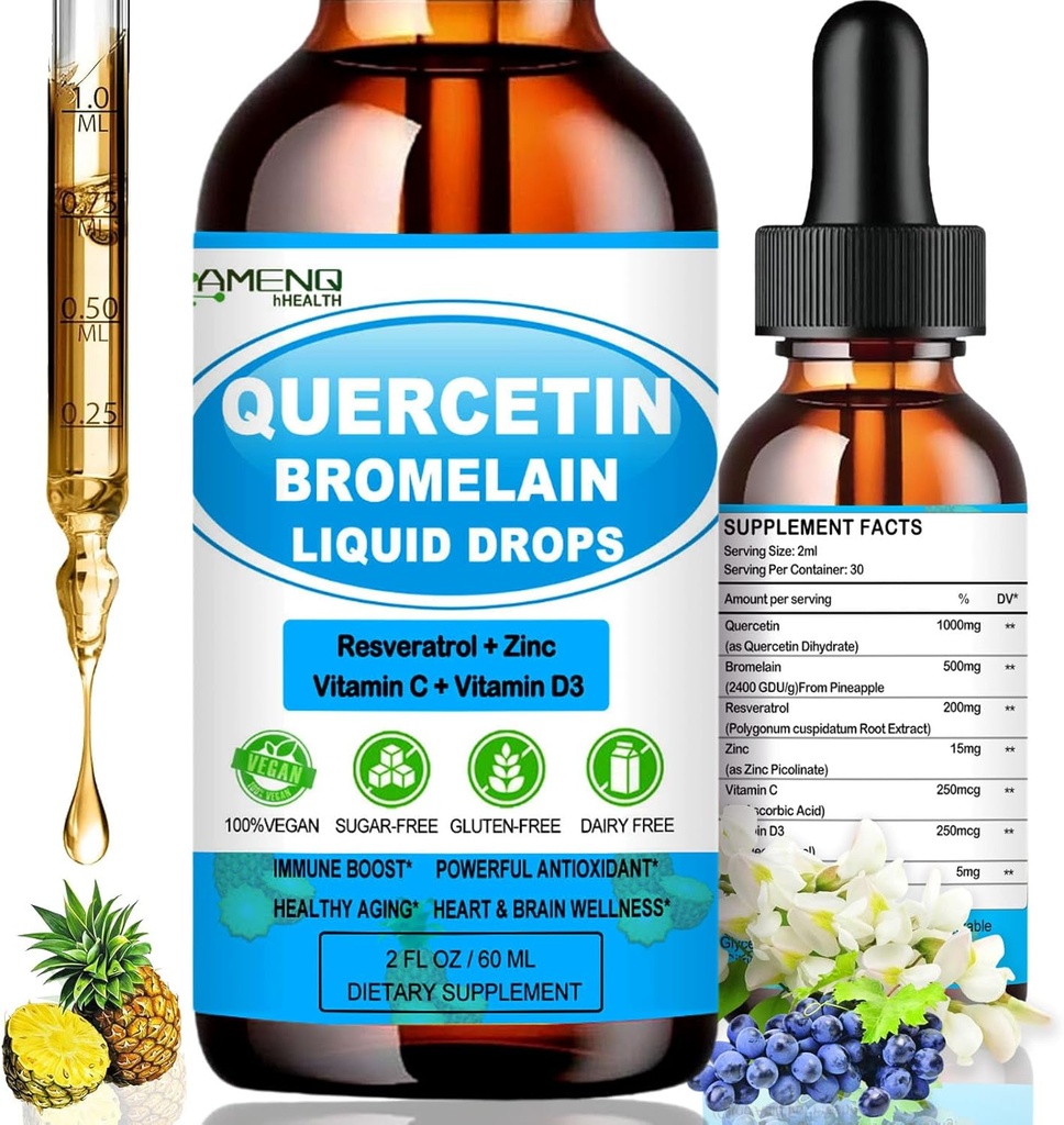 Quercetin dengan Vitamin C dan Zinc - Quercetin Liquid Drops - Quercetin dengan Bromelain - Zinc Quercetin - Imune Dukungan Suplemen Repiratory Kesehatan & Tubuh 's Respon ke Allergies Occasional