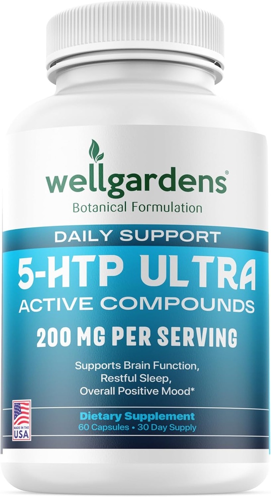 100% Murni 200 MG 5-HTP Ultra untuk Tidur Sehat dan Sense of Wellsing - Dukung Mood, Stress, Sleep - 5HTP Tambahan dengan Kalsium - 60 5HTP 200 mg Capsules, 30 Hamba