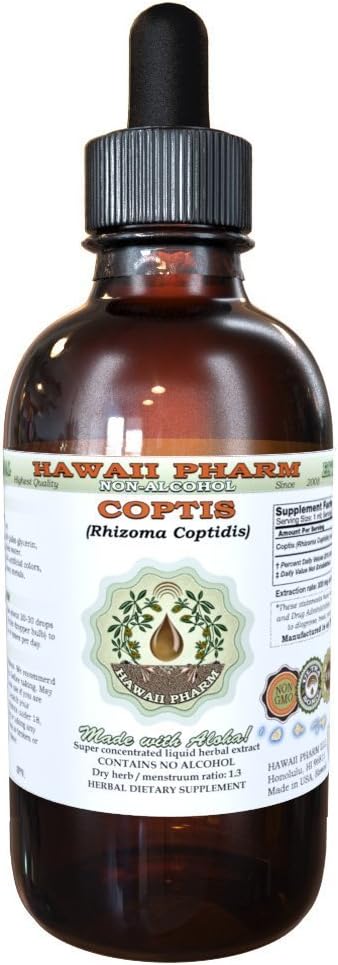 Coptis Alcohol- Free Liquid Extract, Coptis (Rhizoma Coptidis) Root Kering Glycerite Hawaii Pharm Natural Herbal Suplemen 2 oz