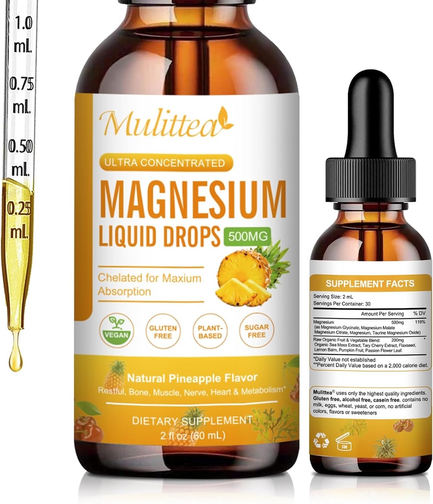 Magnesium Liquid Drops - Tinggi Absorpsi 5 - 1 Magnesium Kompleks dengan Magnesium Glycinate, Malate, Citrate, Tadrate - untuk Bone, Muscles, Nerves & Energy - Vegan, Sugar Free, 2 Fl.oz