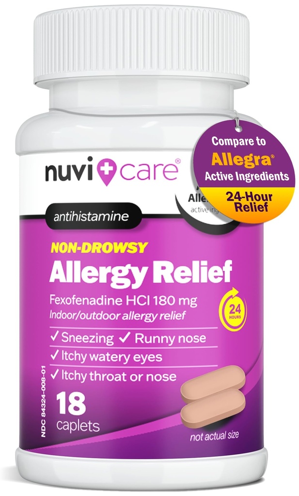 Fexofenadine 180mg 24 Jam - Fexofenadine Hydrochloride 180 mg Antihistamin untuk Bantuan Allergy, Hives, Runny Nose, Itching, Banding untuk Allegra 24 Hour Non Drowsy Allergy Medicine (18 Count)