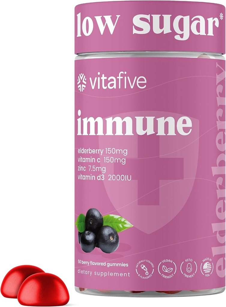 vitafive Elderberry Gummies - Dukungan Ammune Gula Rendah untuk Dewasa - dengan Vitamin C dan Zinc Citrate - Vegan, Allergen Bebas (50 Ct)
