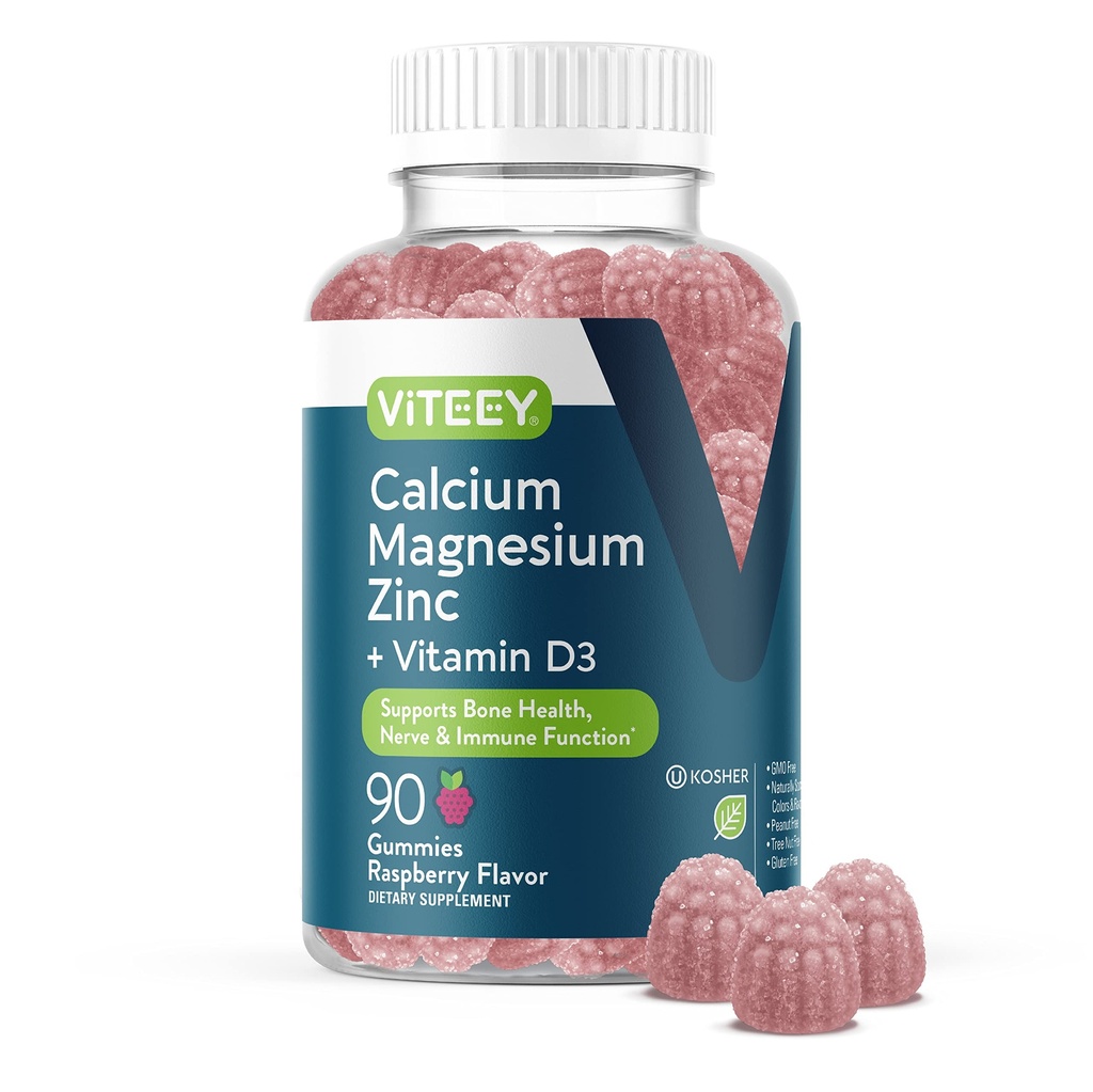 Viteey Calcium Magnesium Zinc Gummies dengan Vitamin D3 - Support Bone Health, Nerve & Imune Fungsi - Calcium Magnesium Zinc D3 untuk Dewasa & Teens - GMO Bebas - Chewable Raspberry Flavored Gummy