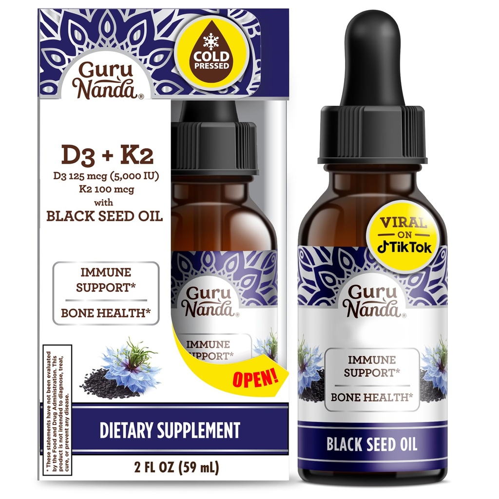 GuruNanda Minyak Benih Hitam, Cold- Menekan Nigella Sativa - Kaya di Vitamin D3 5000 Units, K2 & E, High Thymoquinone = 124; PowerAntioksidant untuk Dukungan Imune, Non-GMO, 2 Fl.oz