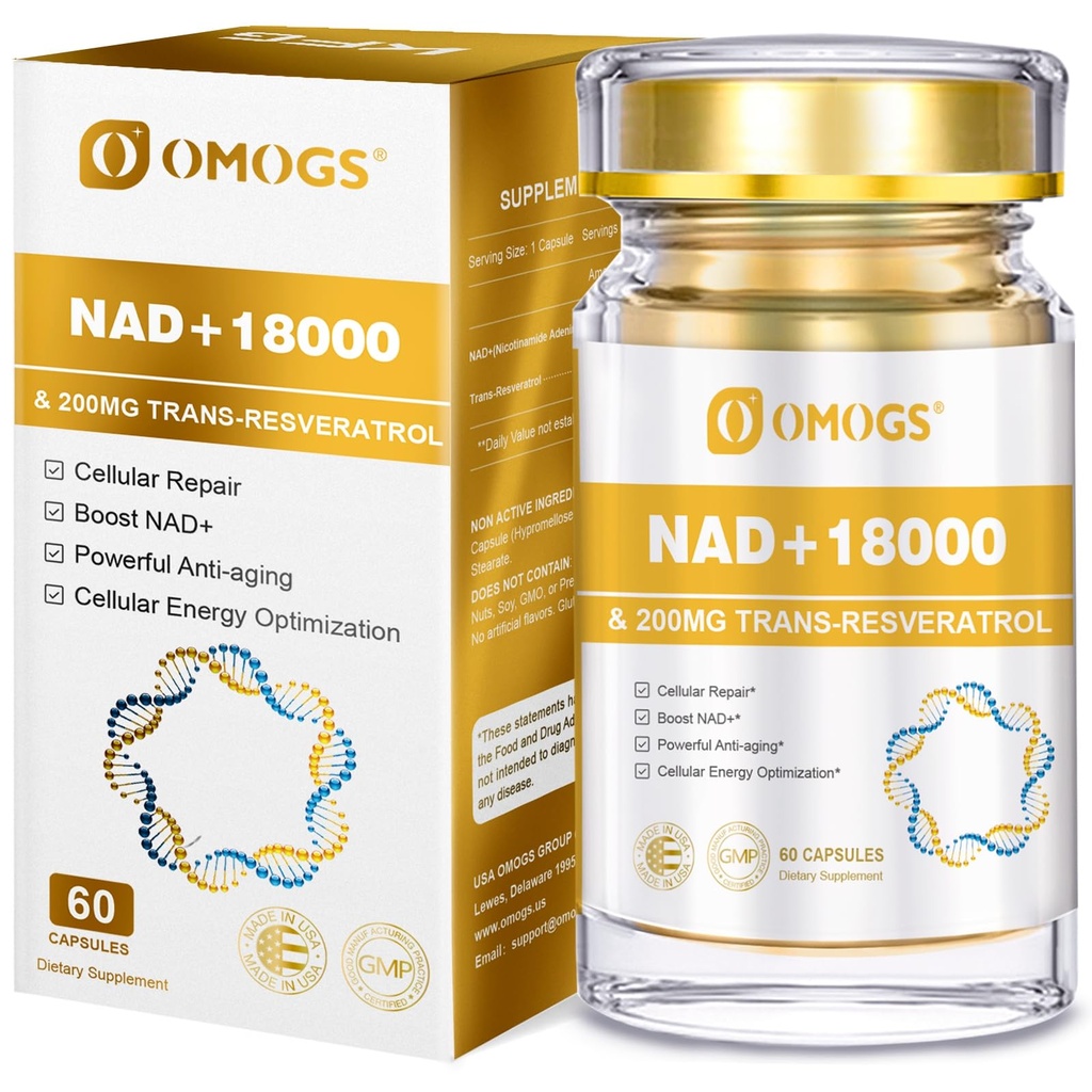 OMOGS NAD + 300 mg + Trans- Resveratrol 200 mg, Suplemen NAD Murni, Max Absorpsi, Suplemen untuk Perbaikan DNA, Penuaan Sehat, Energi Sel & Panjang, 60 Kapsul